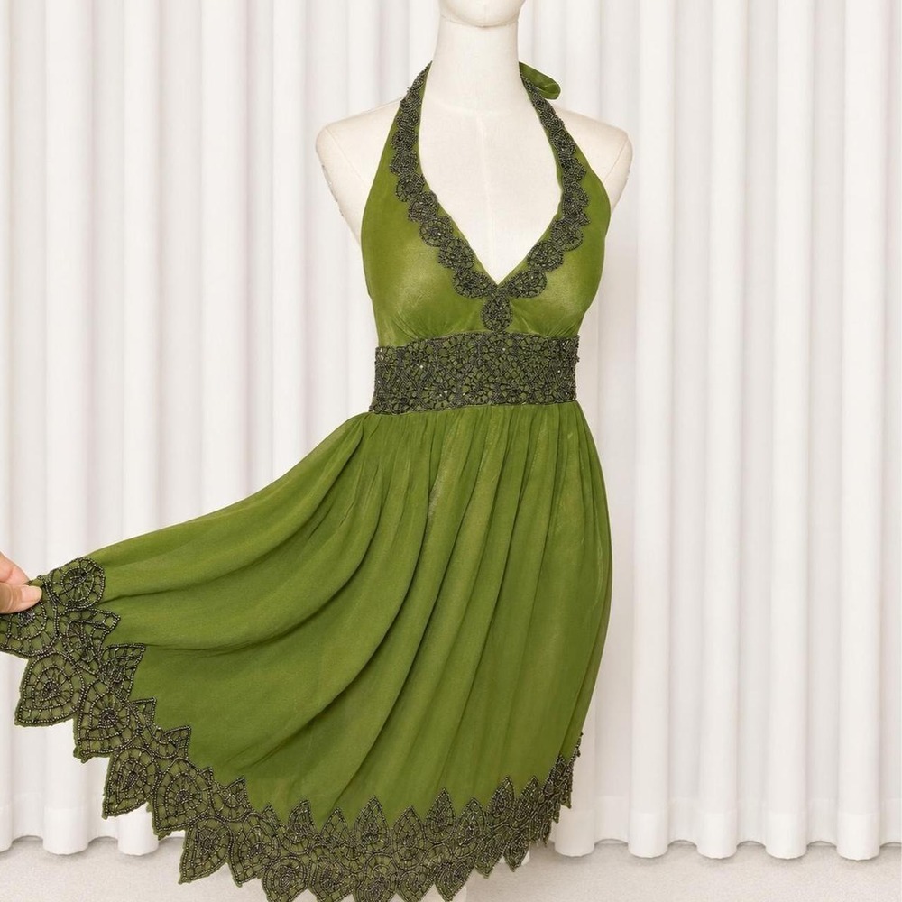 ˚❀༉‧₊˚ Adrianna Papell Evening Olive Green Beaded Halter Dress ‧₊